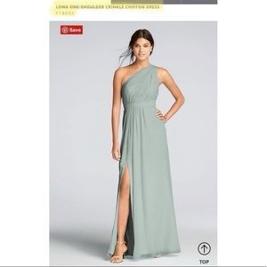 Long One-Shoulder Crinkle Chiffon Dress. Color: Dusty Sage. Size 12